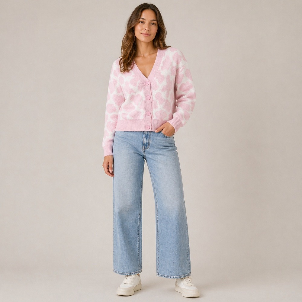 Hot Topic Pink White Heart Cow Print Cardigan Sweater Heart Buttons SM